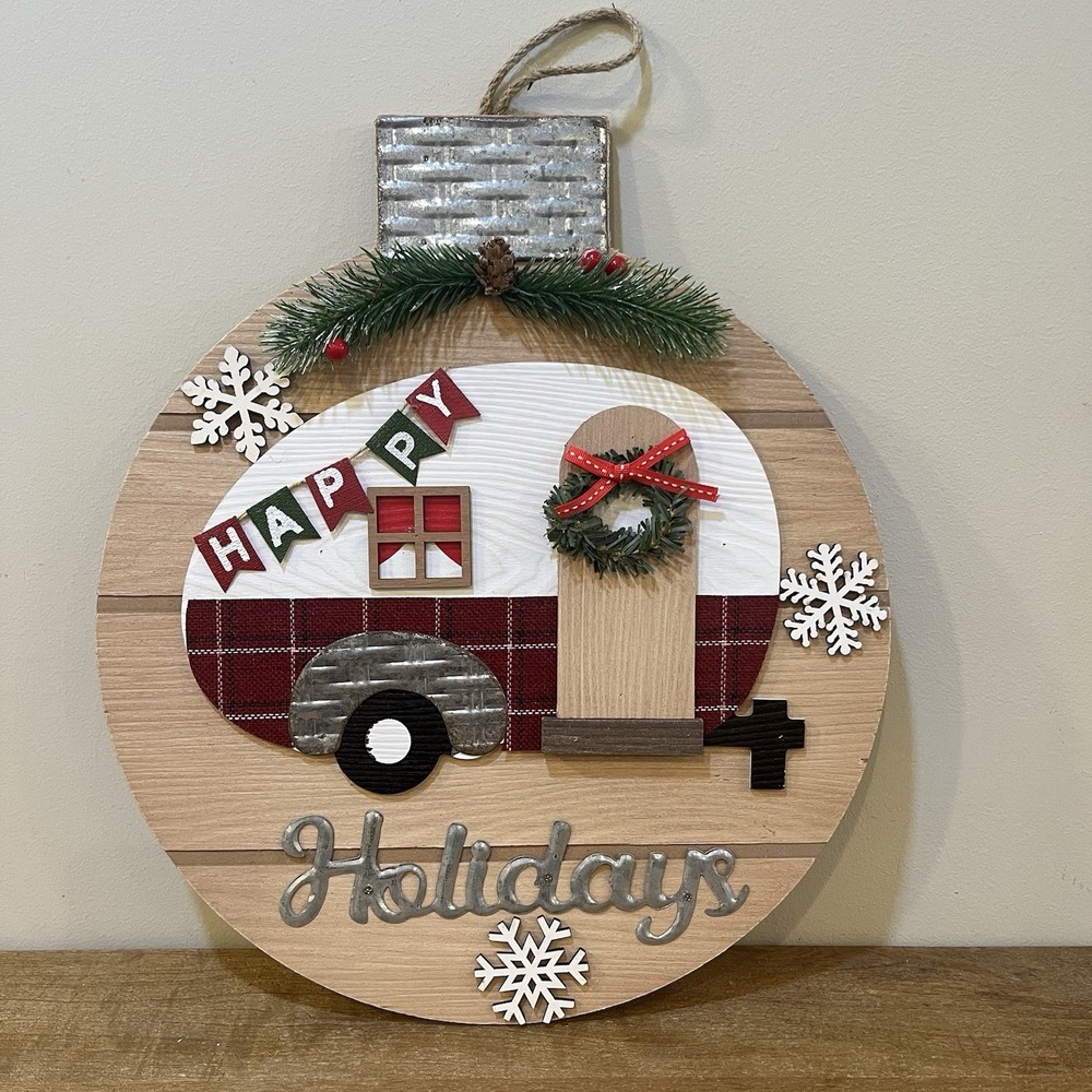 Happy Holidays Camper RV Trailer‎ Wood Wall Decor Door Hanging Christmas Holiday